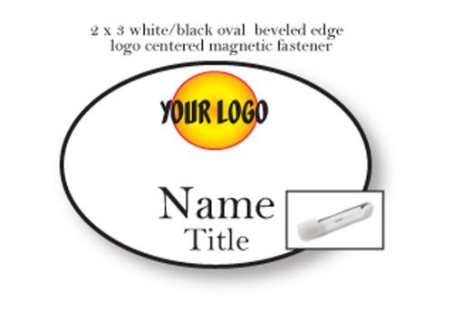 100 WHITE BLACK OVAL NAME BADGES FULL COLOR 2 LINE IMPRINT PIN FASTENERS