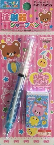 Japan Daiso Syringe Type 0.5mm Mechanical Pencil Blue Liquid with Eraser