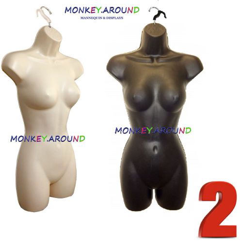 2 mannequin female flesh/black dress body forms+2 hangers-display women clothing for sale