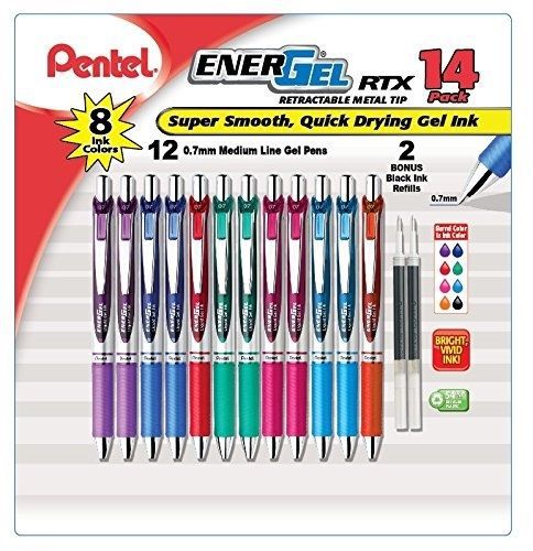 Pentel EnerGel RTX Retractable Metal Tip Pen, 0.7mm, 12 Assorted Colors with 2