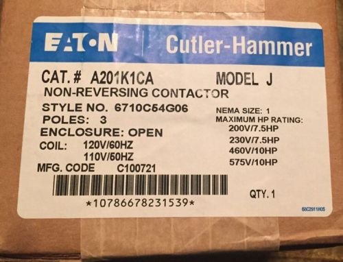EATON CUTLER HAMMER NON REVERSING CONTACTOR A201K1CA - NEW IN SEALED BOX