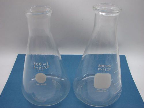 2 PYREX 4980 Glass 500ml Erlenmeyer Flask&#039;s Flat Bottom b168