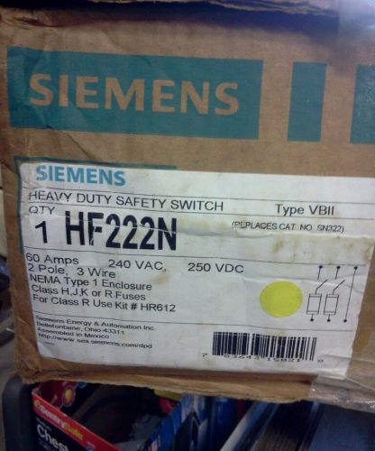 SIEMENS HF222N HEAVY DUTY SAFETY SWITCH 2P 60 A 240V 250 VDC