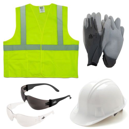 Work safety combo pack, vest, gloves, hard hat, and glasses, economy value for sale