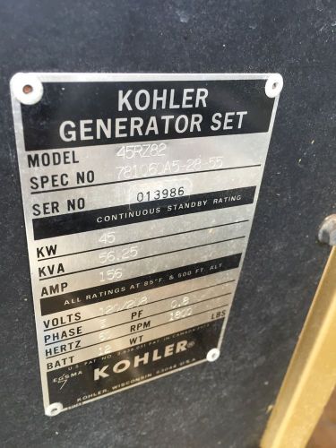 Kohler 45kw 56.25 Kva LP / Propane Standby Generator 45RZ82 Only 680 Hrs