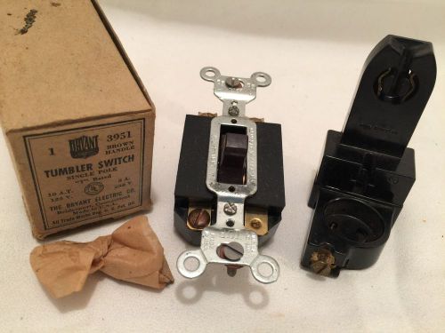 Unused vintage bryant 3951 bakelite single pole light wall switch brown +bracket for sale