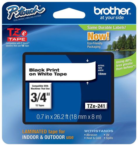 Brother p-touch ~3/4&#034; (0.7&#034;) black on white standard laminated tape - 26.2 ft... for sale