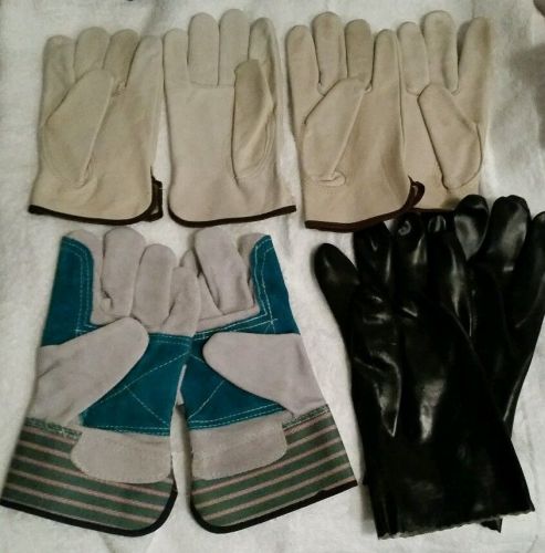 4 pairs work gloves, 2 brown large, 1 blue xlarge, 1 rubber pair; leather lot