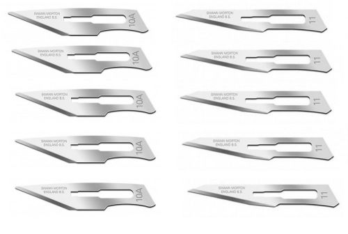 Set of 10 Swann Morton Sterile Carbon Steel Surgical Scalpel Blades #10A #11
