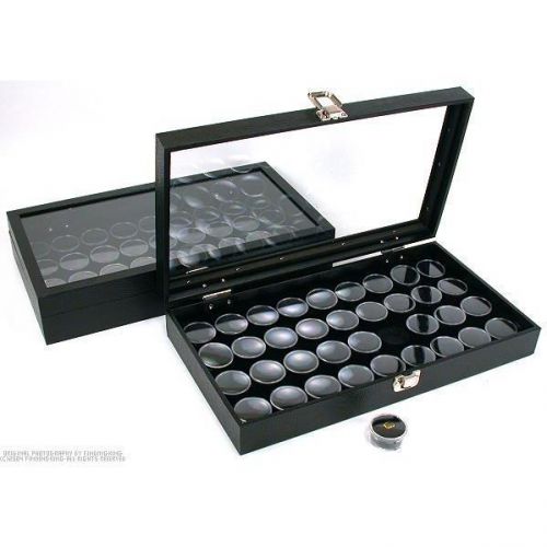 72 Gem Jars Black Display Tray Glass Lid Travel Case