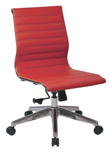 Mid Back Armless Red Bonded Leather Chair with Polished Aluminum Arms and Base.
