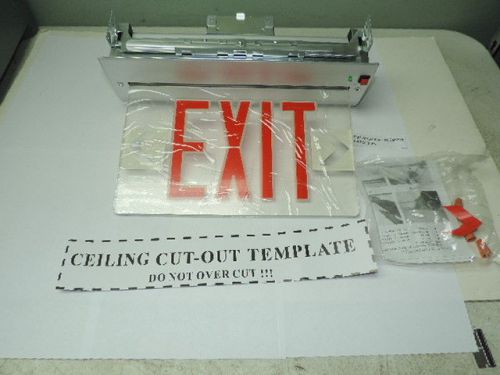 Red led emergency exit light sign recessed edge lit battery backup alum. single for sale