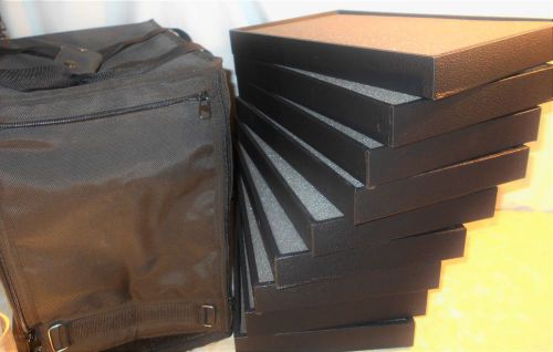 LOT of 9 PLUS CARRYING  BAG,  WOODEN  STACKABLE BLACK JEWELRY DISPLAY BOX TRAY