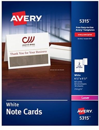 Avery White 4-1/4 X 5-1/2 Laser Note Cards, 2 Cards/Sheet, 60 Cards and (5315)