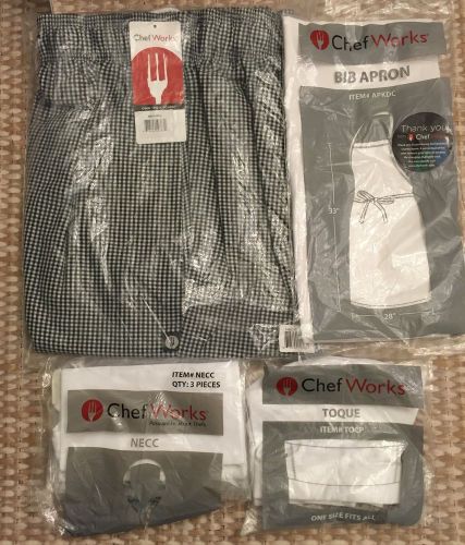 New chef works baggy chef pants large, bib apron, toque &amp; neckerchief for sale
