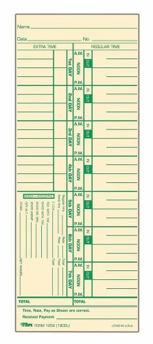 Tops Time Cards  Weekly 1-Sided Numbered Days 3-1/2&#034; x 9&#034; Manila Green Print ...