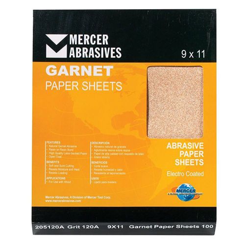 Mercer Abrasives 205180A Grit 180 A-Weight 9&#034; x 11&#034; Garnet Paper Sheets 100-Pack
