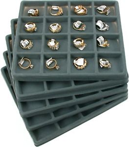 5 Gray 16 Slot 1/2 Size Jewelry Display Tray Inserts Organizer Storage