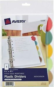 Avery Plastic Mini 5-Tab Binder Dividers  Style Edge Insertable Multicolor Tabs