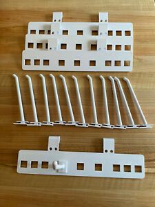 12 White Plastic Retail Hooks + 4 Hook Holders (fits Wire Rack, Wood Display)