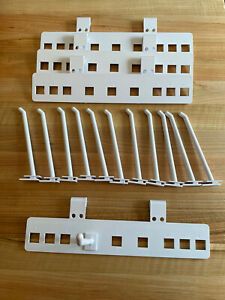 12 White Plastic Retail Hooks + 4 Hook Holders (fits Wire Rack, Wood Display)