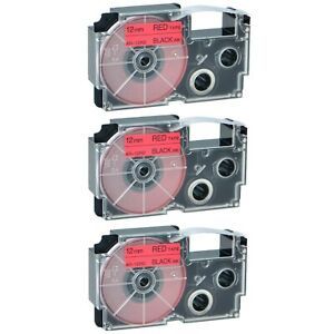 3PK XR-12RD Black on Red Label Tape for Casio KL-7000KR 7000EDU P1000 1/2&#034;