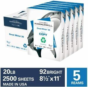 Hammermill Printer Paper, 20lb Great White 30% Recycled Paper, 8.5x11, 5 Reams