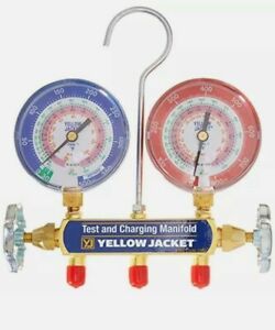 Yellow Jacket 42001 Manifold with 3-1/8&#034; Color-Coded Gauges psi R-22/404A/410...