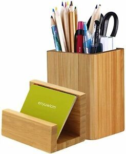 Bamboo Wooden Pen Holder Cup and Desk Business Card Holder Stand for Office