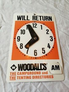 Vintage Woodall&#039;s Door Sign &#034;Will Return&#034; Clock Camping