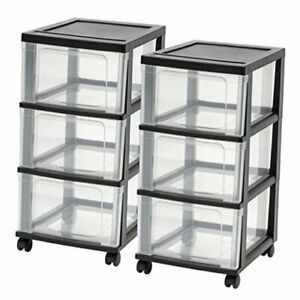 IRIS USA NC-3 Wide Storage Drawer Cart, 3 Drawer (2 Pack) Black/Natural Clear