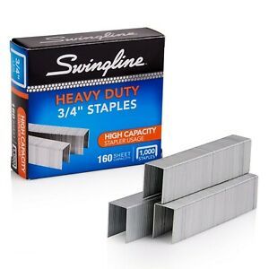 Swingline Staples, Heavy Duty, 3/4&#034; Length, 160 Sheet Capacity, 100/Strip, 10...