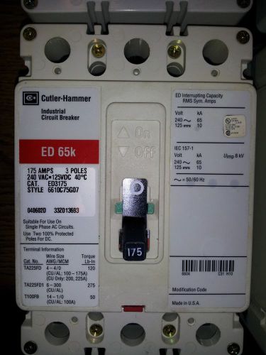 REDUCED!!!!   Cutler-Hammer 175A, 3P   Circuit Breaker Cat#  ED3175