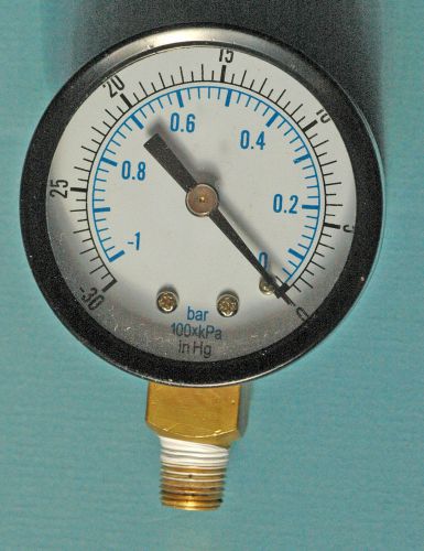 Pressure gauge - 30 psi - 1/4 npt connector - metric &amp; standard dial for sale