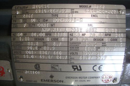 Emerson US Motor H20E3E 20 HP 1175 RPM 3PH Motor