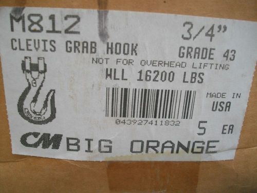 (5) Clevis Grab Hooks CM Columbus McKinnon M812 3/4&#034;  Grade 43 NEW BIG ORANGE