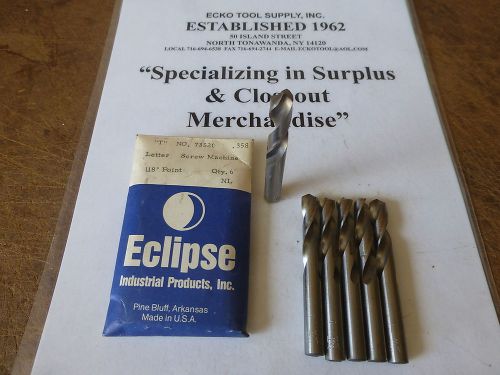 Screw machine drill letter &#034;t&#034; 118 point high speed eclipse usa new 6 pcs$8.80 for sale
