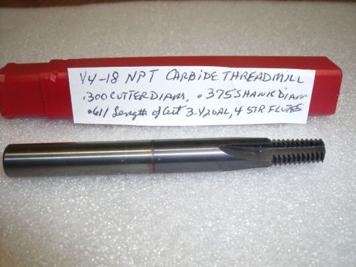 1/4-18 NPT - 18 TPI CARBIDE THREAD MILL 4 STRAIGHT FLUTES 3/8&#034; SHK  TiALN COATED