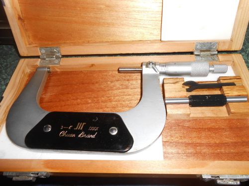 USED CHUAN  3-4&#034; OUTSIIDE MICROMETER WITH WOOD CASE