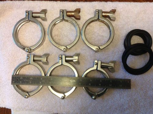 Lot (6) 3&#034; &amp; 2.5&#034; Tri-Clover Type Sanitary Clamp(s)