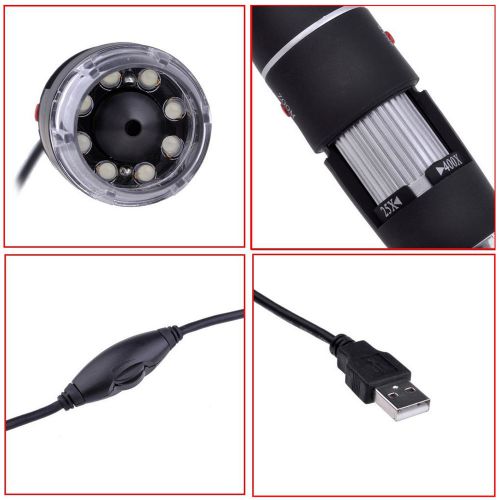 Black 25-400X 2MP USB 8 LED Light Digital Microscope Endoscope Video Camera