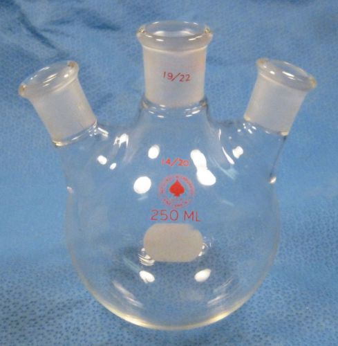 ACE  250 ML  ROUND  BOTTOM  3-NECK  FLASK  19/22  &amp;  TWO  14/20        R