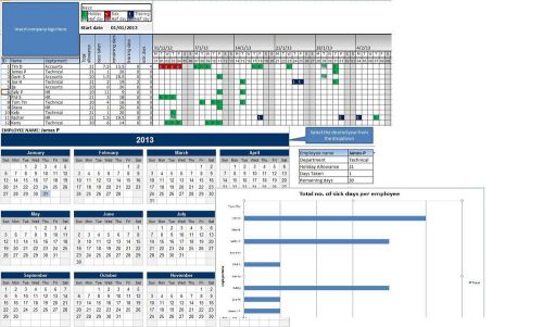 Excel spreadsheet business Staff sickness and Holiday planner calendar reusable