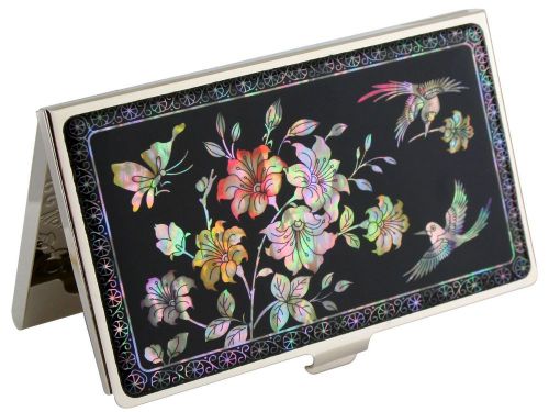 Mother of Pearl Business Card &amp; Credit Card Holder with Cherry Blossom Design