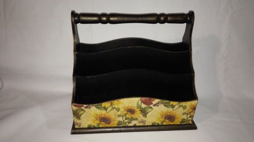 French Country Floral Gold Yellow Vintage Mail Letter Holder Wood with Handle