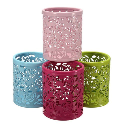Hollow rose flower pattern office desk pens pencil holder organizer container for sale
