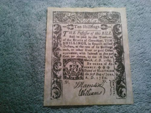 1780 Old Connecticut $10 dollar antiqued note bill bank look &amp; feels real copy