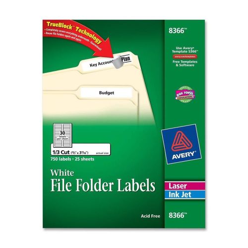 Avery 8366 Permanent File Folder Labels, 1/3 Cut, 750/PK, White