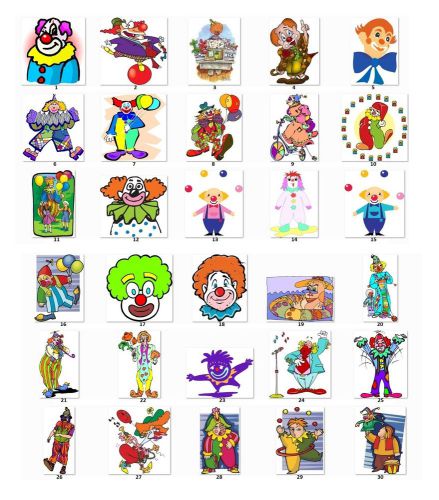 30 Square Stickers Envelope Seals Favor Tags Clowns Buy 3 get 1 free (c1)