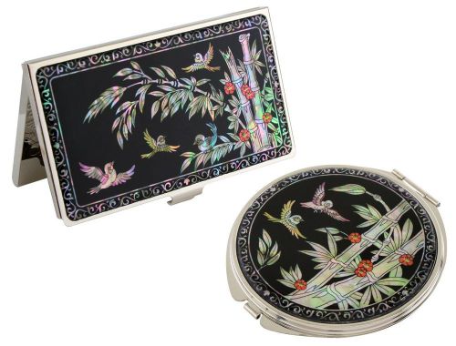Nacre bamboo Business  card holder case Makeup compact mirror gift set #04